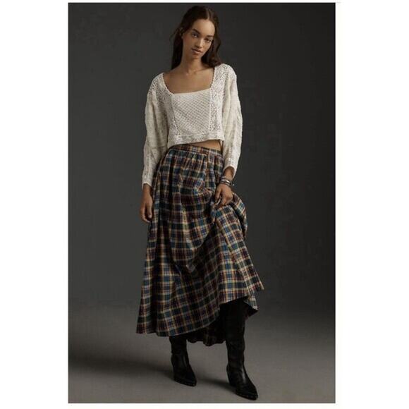 Anthropologie Maeve Jacie Blue Red Gold Plaid Poplin Full Midi Skirt SZ S - Picture 2 of 12